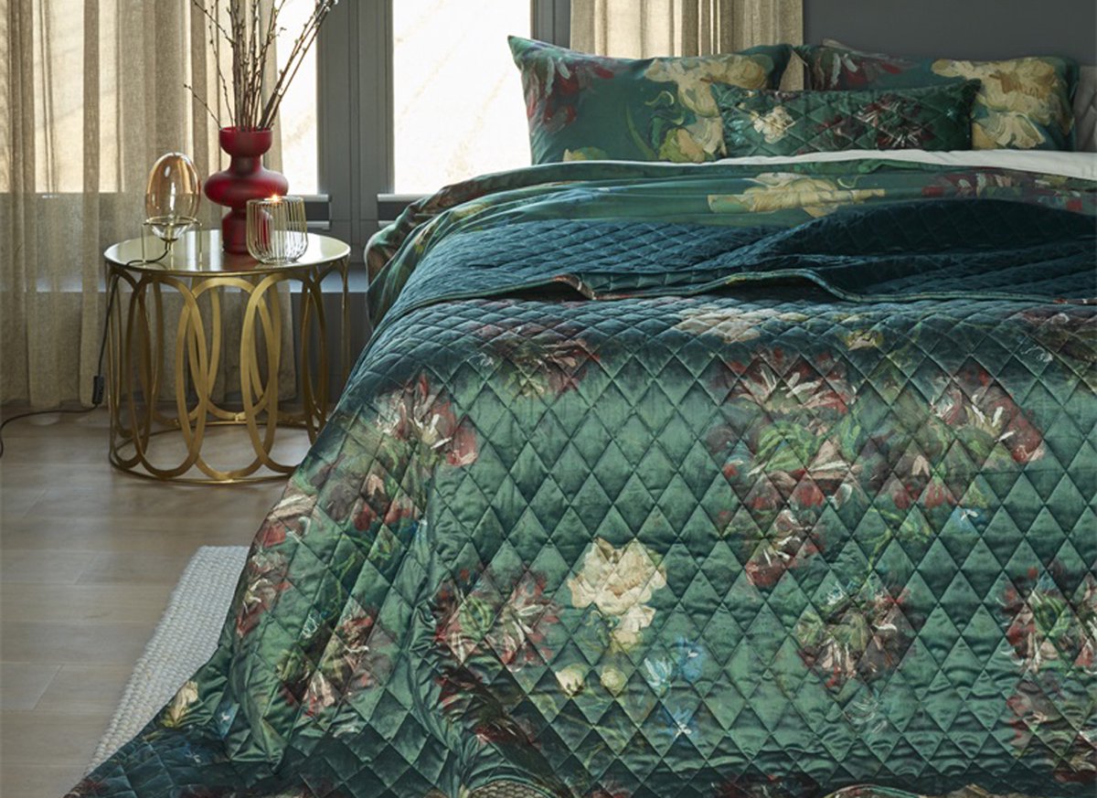Beddinghouse x Van Gogh Peonies Green plaid - Groen