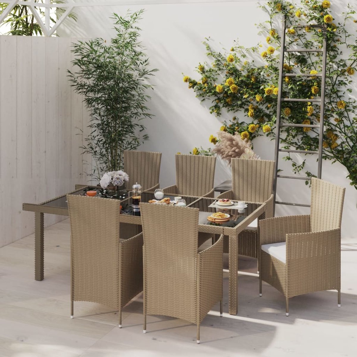 Vidaxl 7-delige Tuinset Met Kussens Poly Rattan - Beige