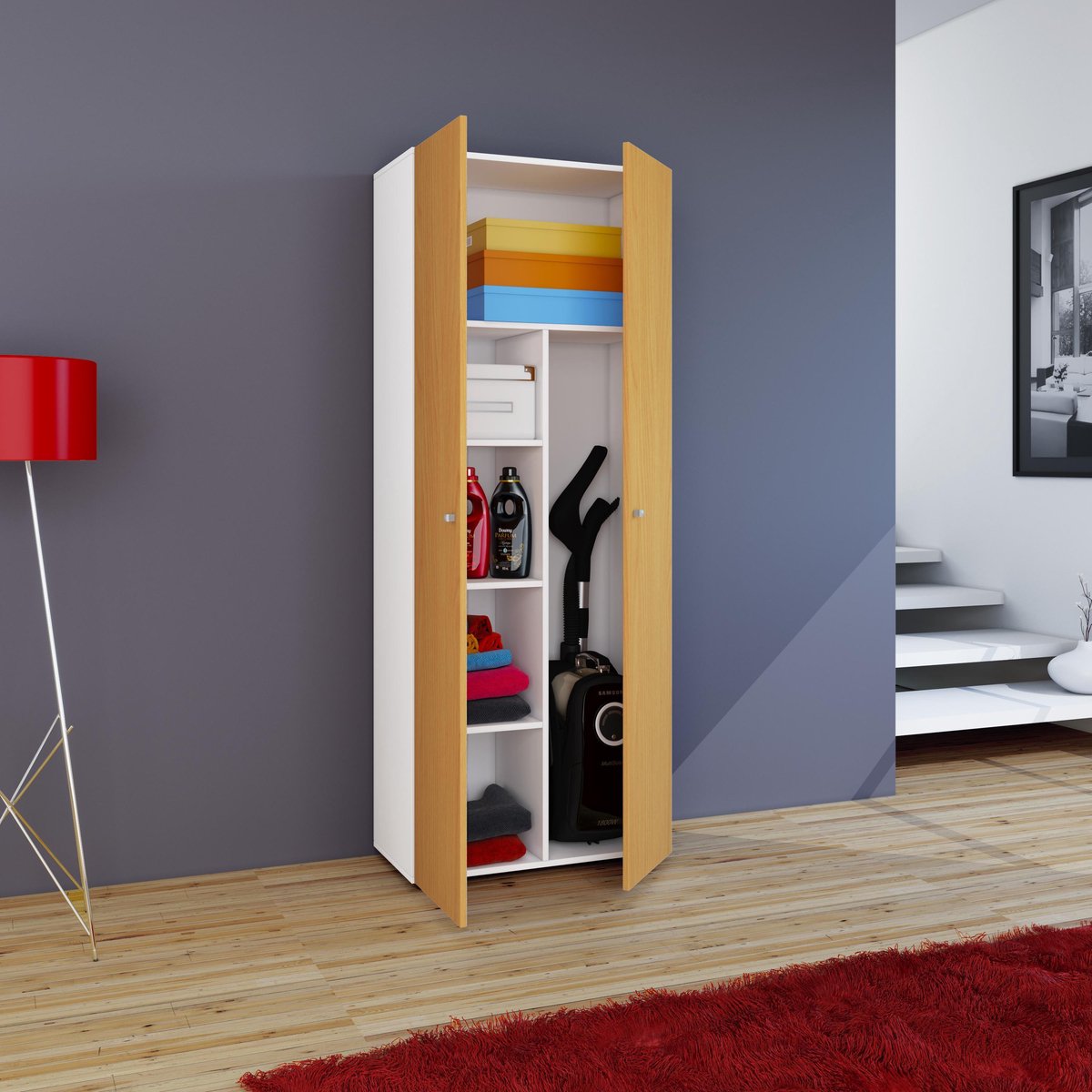 Vandol Iikombi Universele Kast, Schoonmaakkast 2 Deuren Wit,beuken Decor.