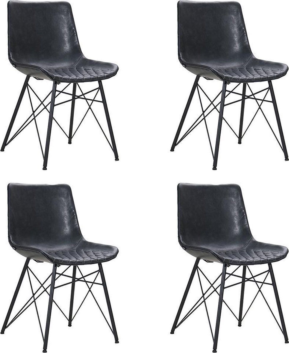 Bronx71 Industriële Eetkamerstoel Lauren Antraciet Pu Leer - Eetkamerstoelen Set Van 4. - Zwart