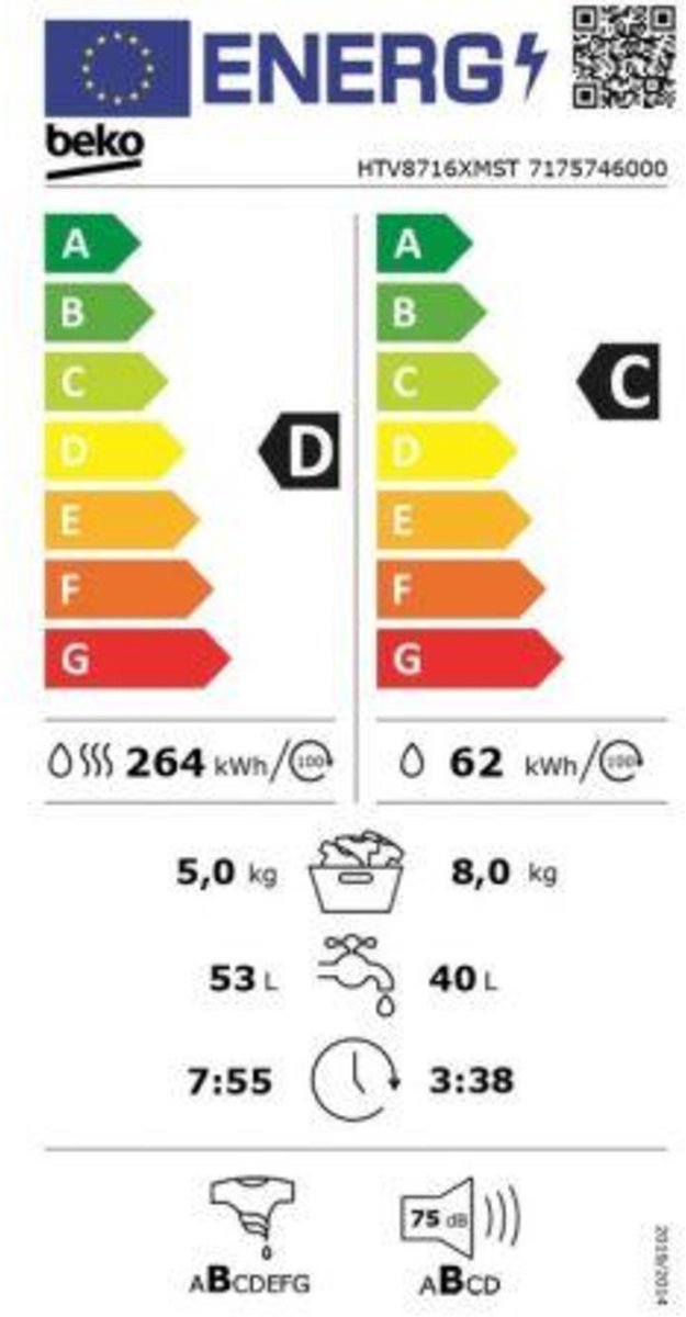 Beko was-droogcombinatie HTV8716XMST - Zwart