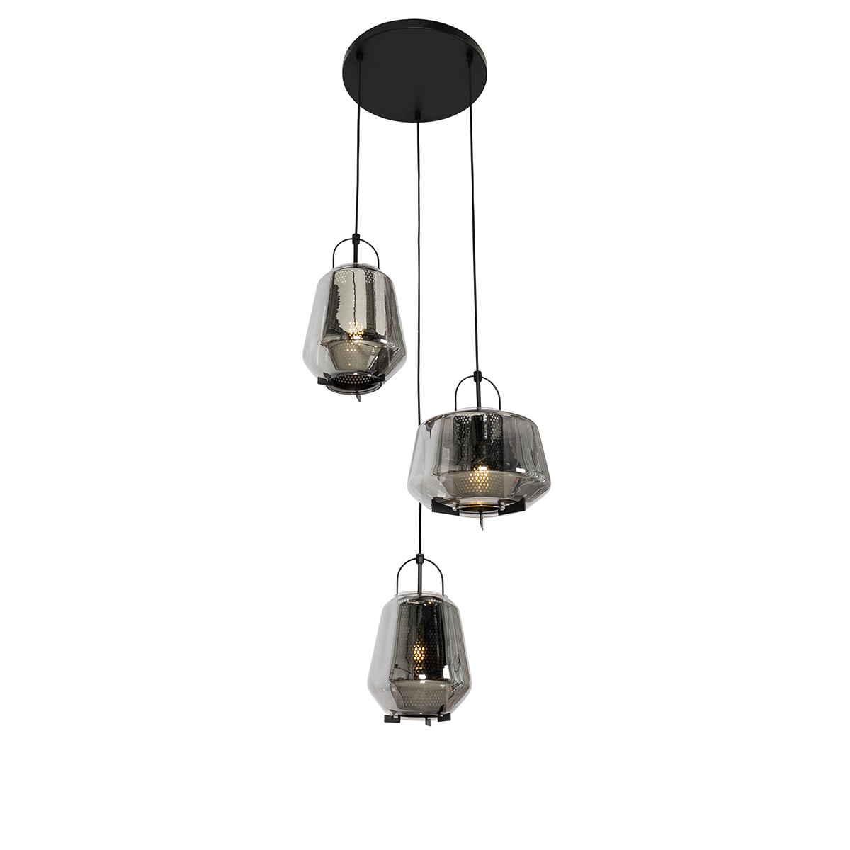 QAZQA Hanglamp zwart met smoke glas rond 3-lichts - Kevin - Grijs