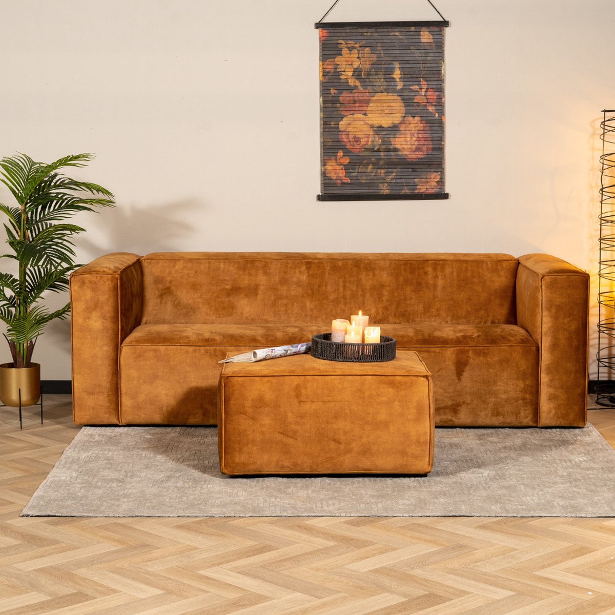 Bronx71 Hocker Memphis velvet oker - Bruin