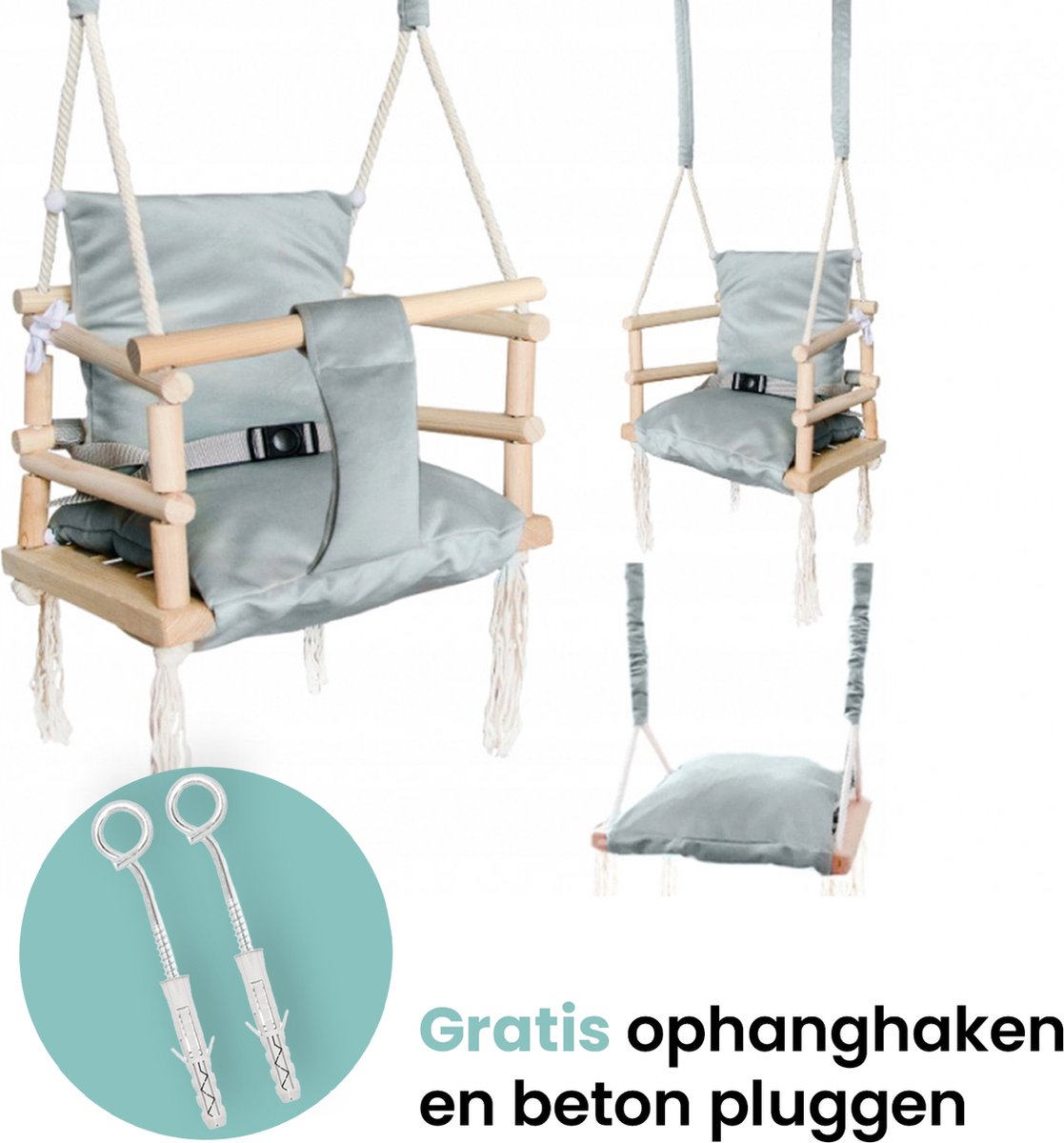 Luxe Houten 3 In 1 Licht Grijze Meegroei Baby Schommel En Kinder Schommel - Grijs