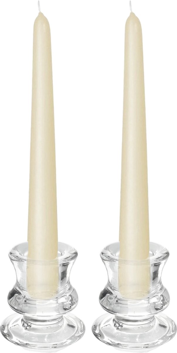 Kaarsen Set - 2x Kandelaars - Glas - 12x Dinerkaarsen - Creme Wit - Dinerkaarsen