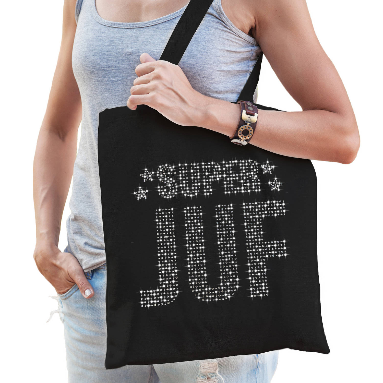 Bellatio Decorations Glitter Super Juf Katoenen Tas Rhinestones Steentjes Voor Dames - Feest Boodschappentassen - Zwart