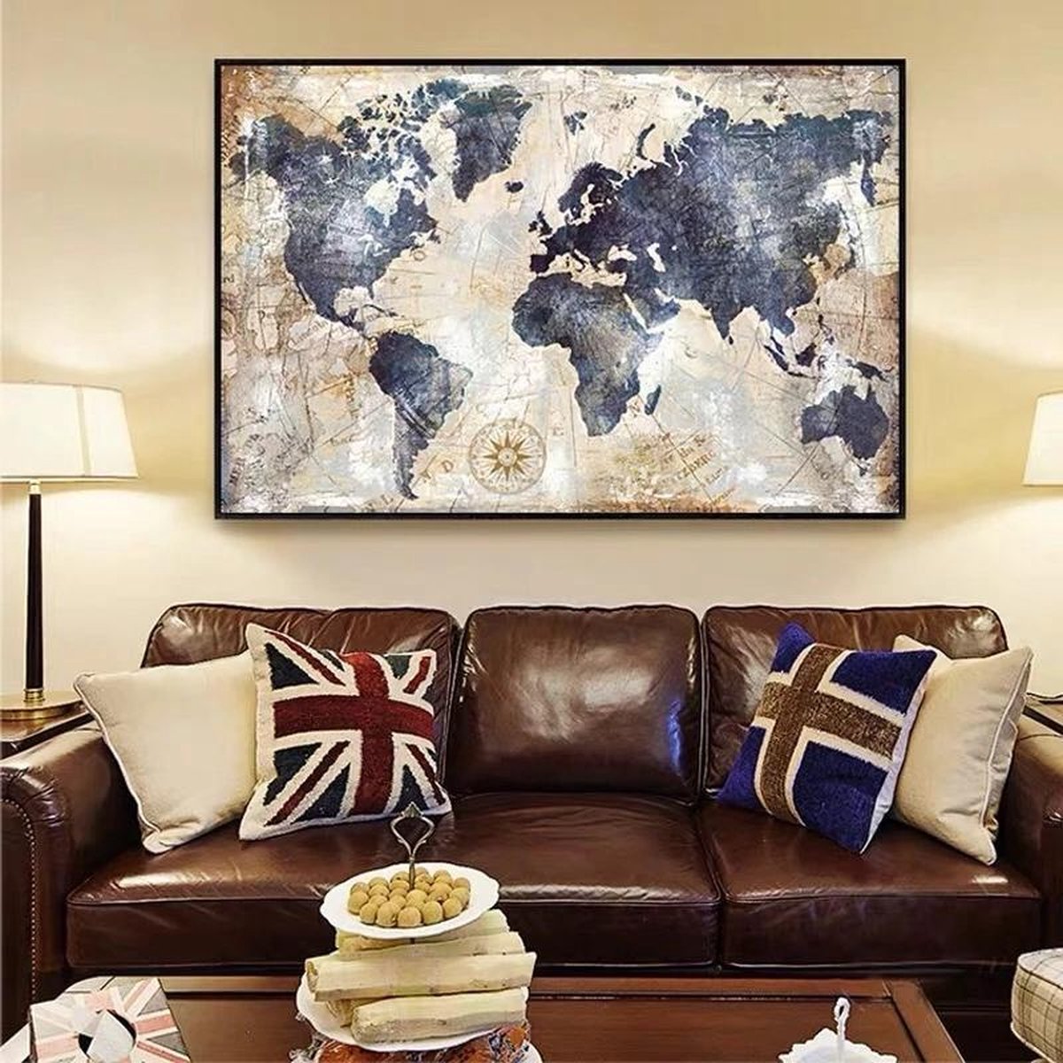 Canvas Wereldkaart Vintage Blue 50x70cm Vintage Blue