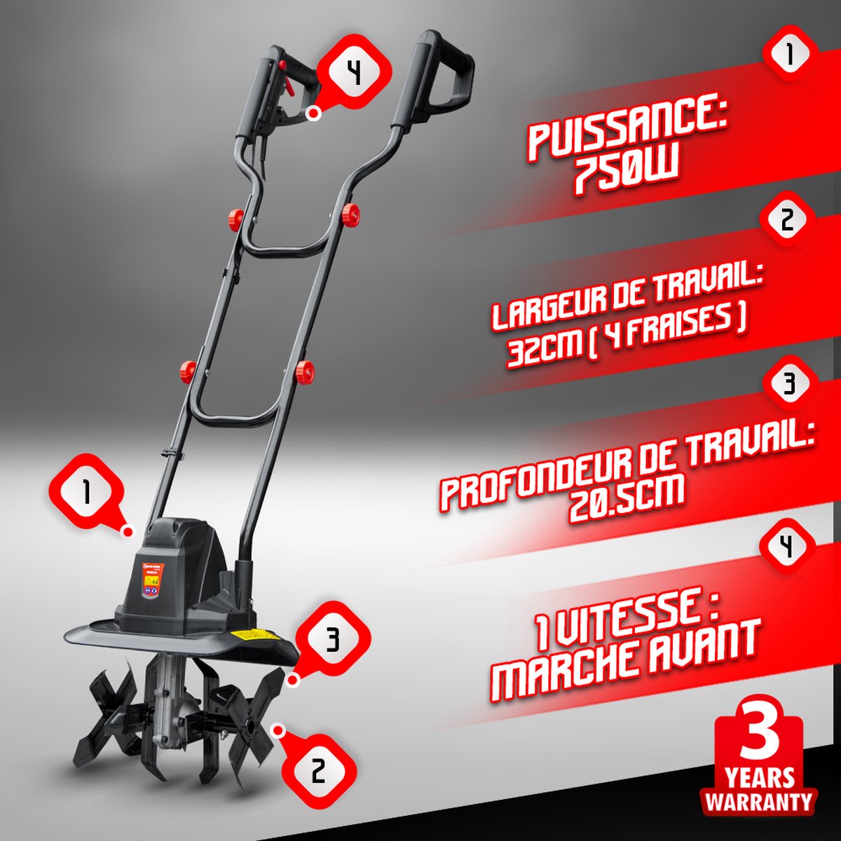 Elem MTBE754 Tuinfrees met 4 messen - 750 W - Zwart