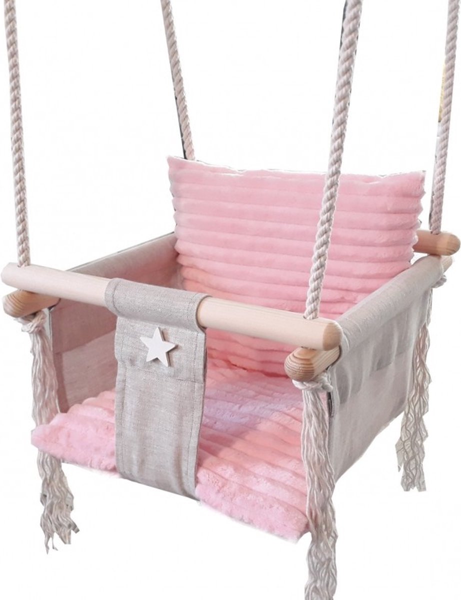 Luxe Houten Handgemaakte Baby Schommel En Kinder Schommel Met Kussen - Roze