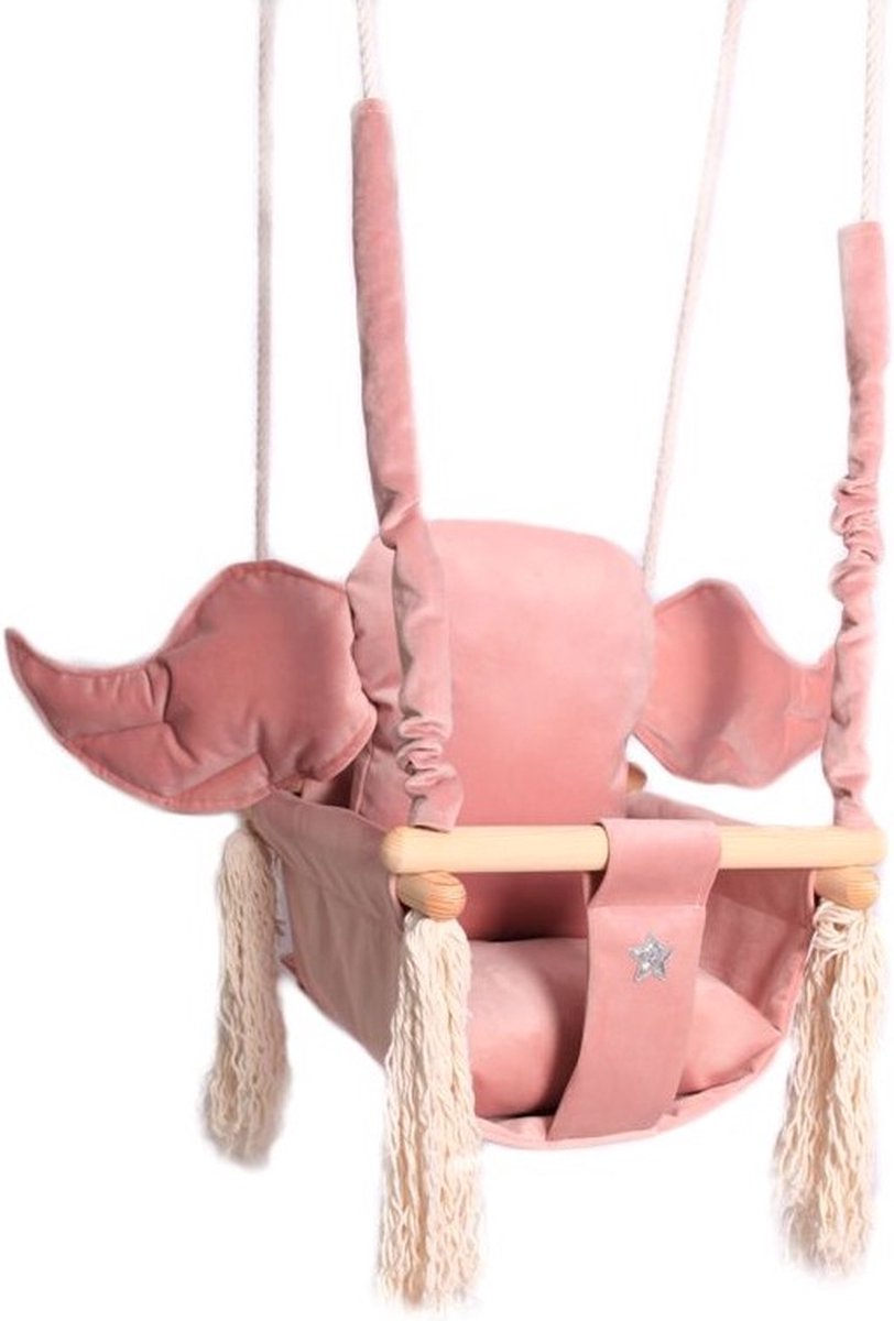 Luxe Houten Handgemaakte Baby Schommel En Kinder Schommel Met Olifant Vormig Kussen - Roze