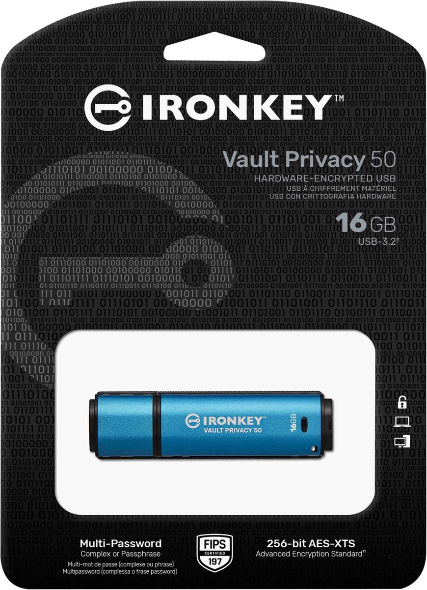 Kingston IronKey Vault Privacy 50 unidad flash USB 16 GB USB tipo A 3.2 Gen 1 (3.1 Gen 1) Azul, Lápiz USB