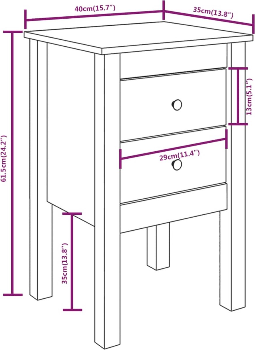 vidaXL Nachtkastje 40x35x61,5 cm massief grenenhout - Bruin