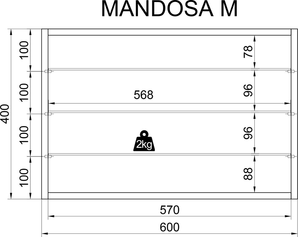 Hioshop Mandosa M vitrinekast wandmontage 2 glazen deurenbeuken - Bruin