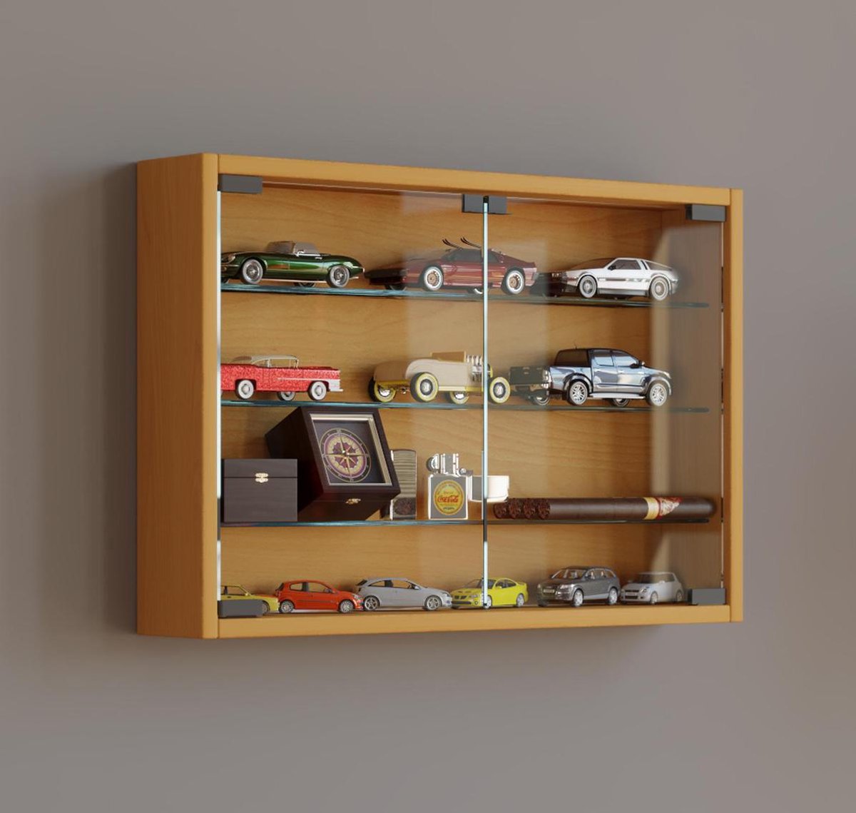 Hioshop Mandosa M vitrinekast wandmontage 2 glazen deurenbeuken - Bruin