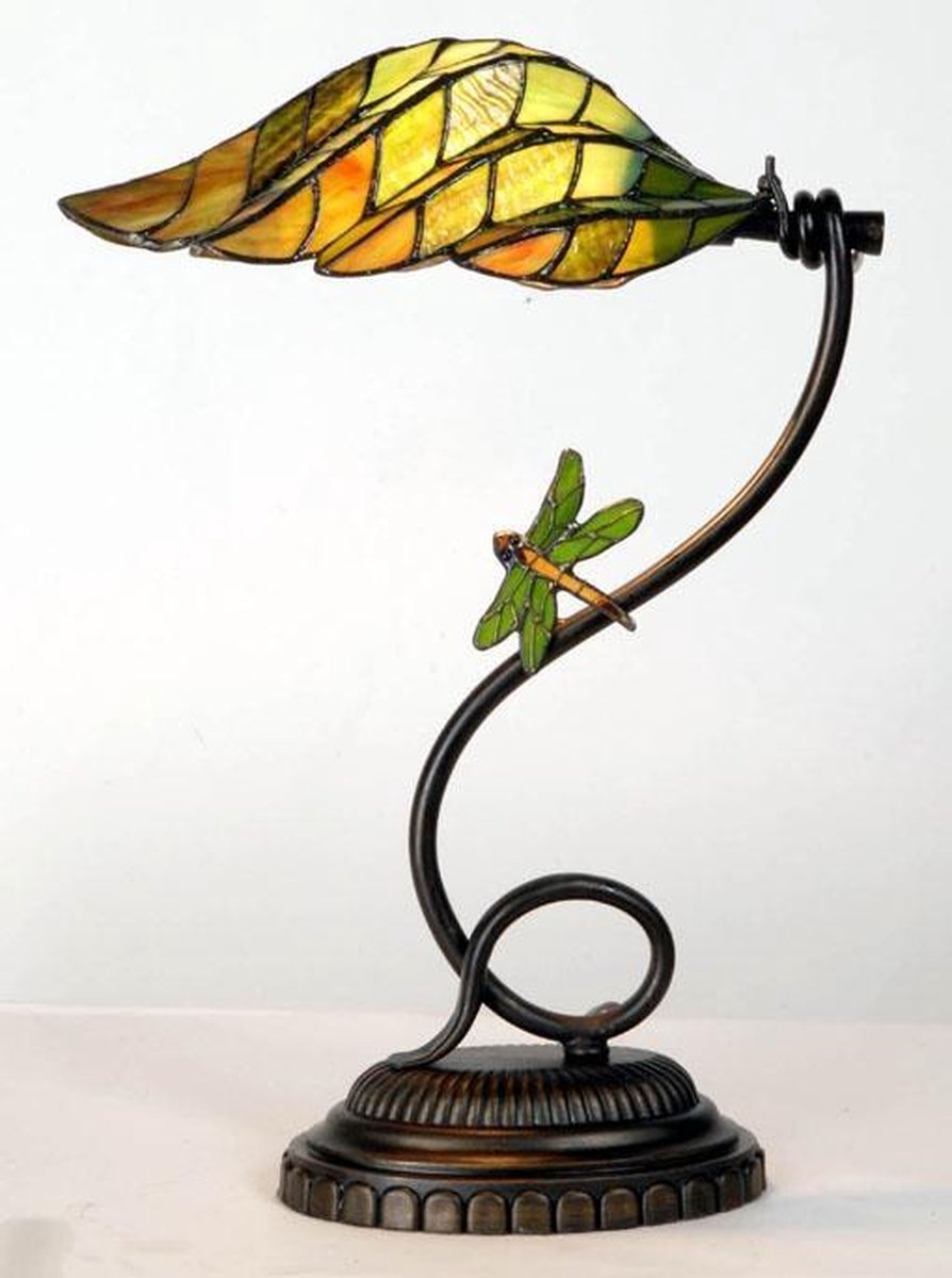 Clayre & Eef Tiffany Bureaulamp Met Libelle,, Geel - Glas, Metaal - Oranje