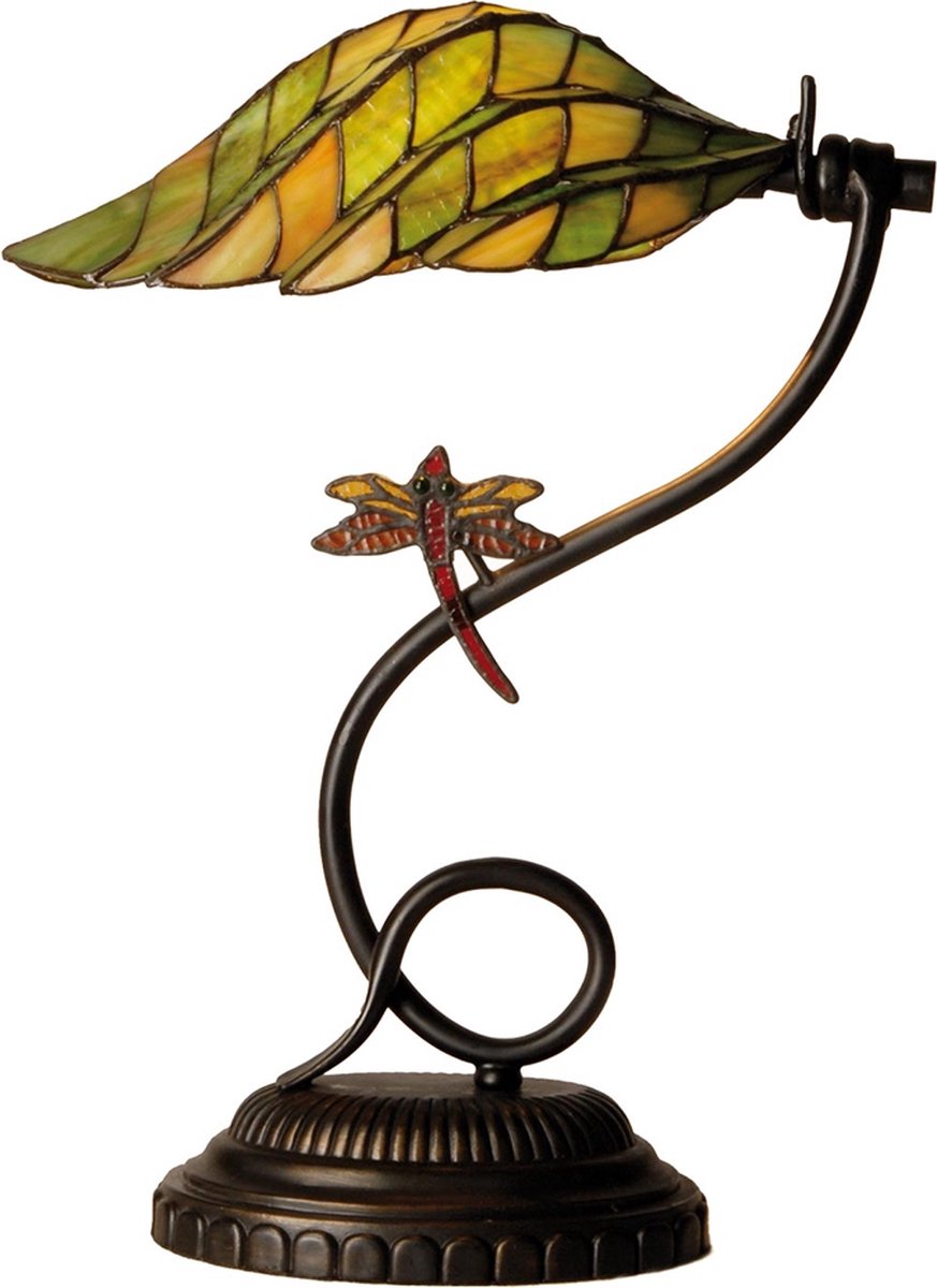Clayre & Eef Tiffany Bureaulamp Met Libelle,, Geel - Glas, Metaal - Oranje