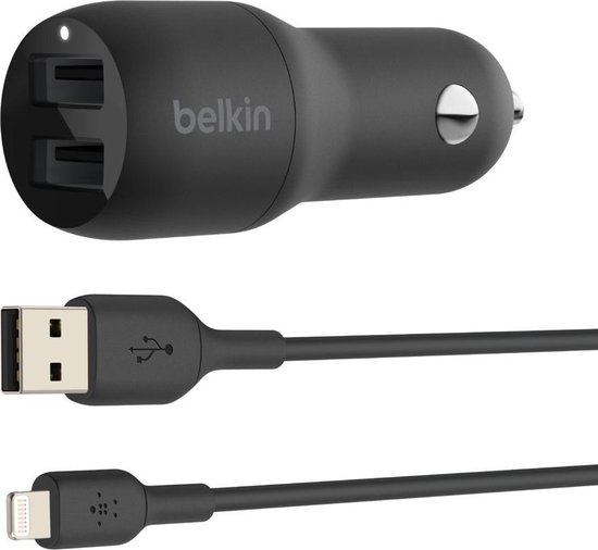 Belkin Dual USB-A Car Charger 24 Watt met PVC USB-A-naar-Lightning-kabel 1 Meter - Zwart