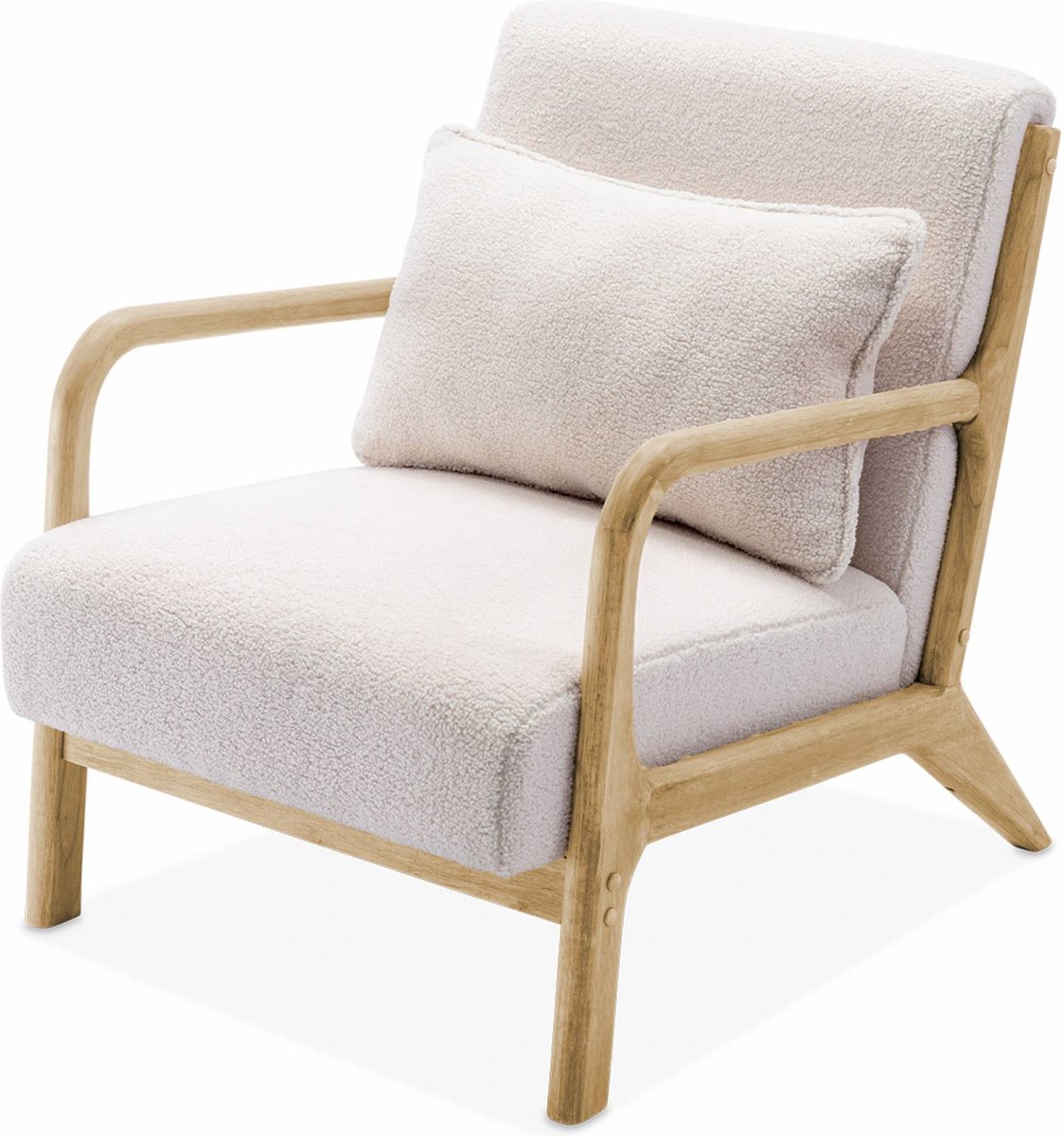 Fauteuil van bouclé stof en hout, 1 vaste rechte zitting,