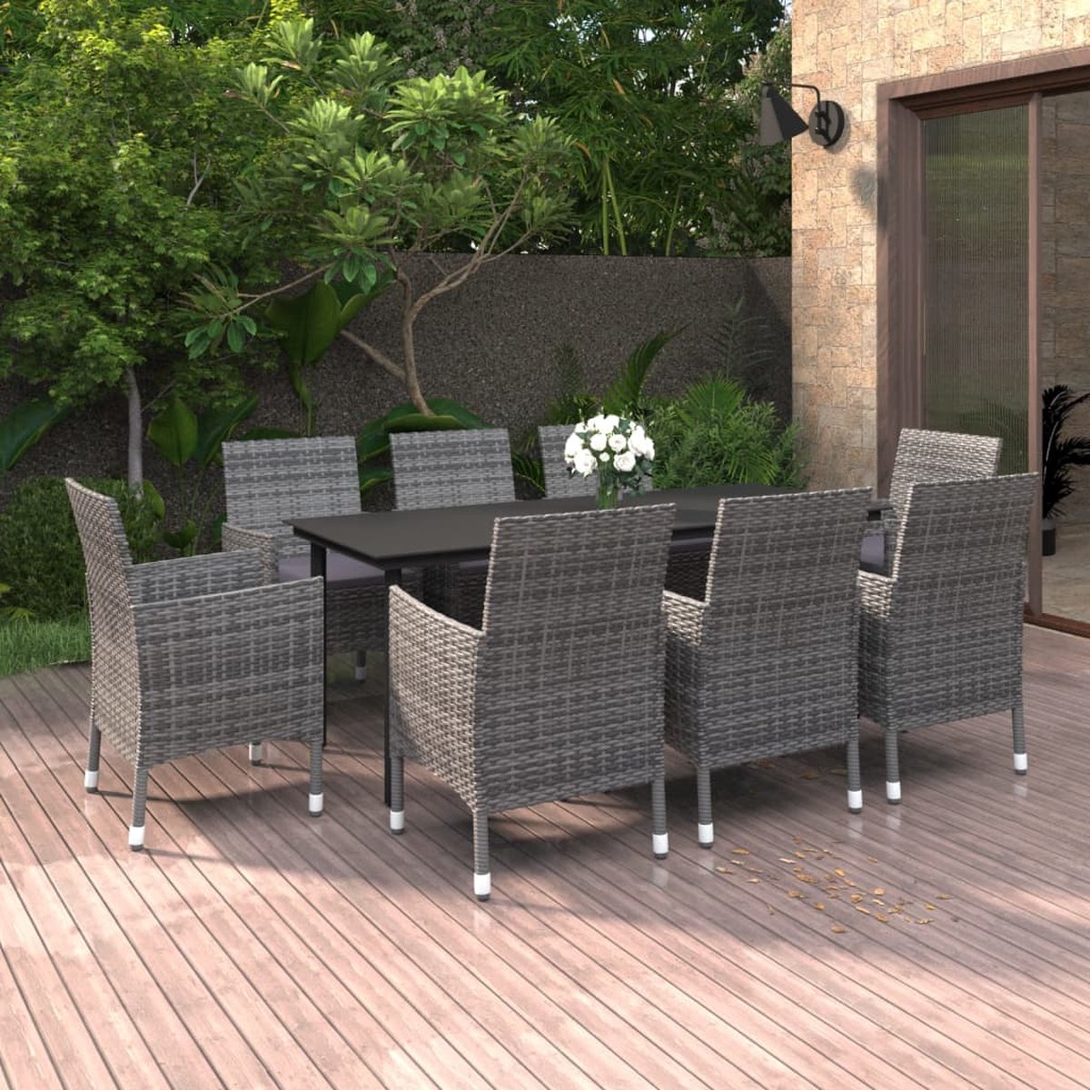 Vidaxl 9-delige Tuinset Met Kussens Poly Rattan En Glas - Grijs