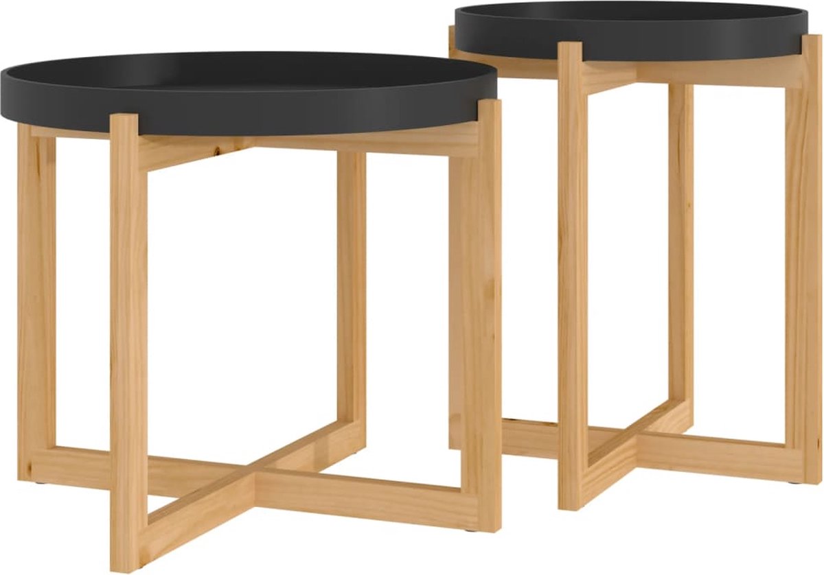 Vidaxl Salontafels 2 St Bewerkt Hout En Massief Grenenhout - Zwart