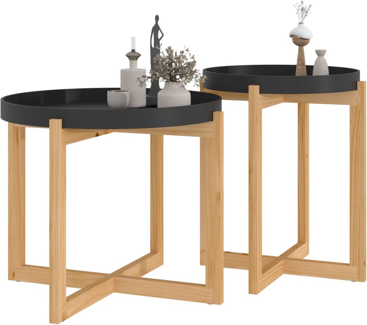 Vidaxl Salontafels 2 St Bewerkt Hout En Massief Grenenhout - Zwart