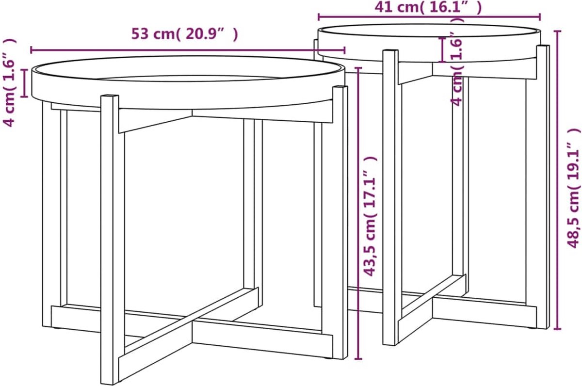 Vidaxl Salontafels 2 St Bewerkt Hout En Massief Grenenhout - Zwart