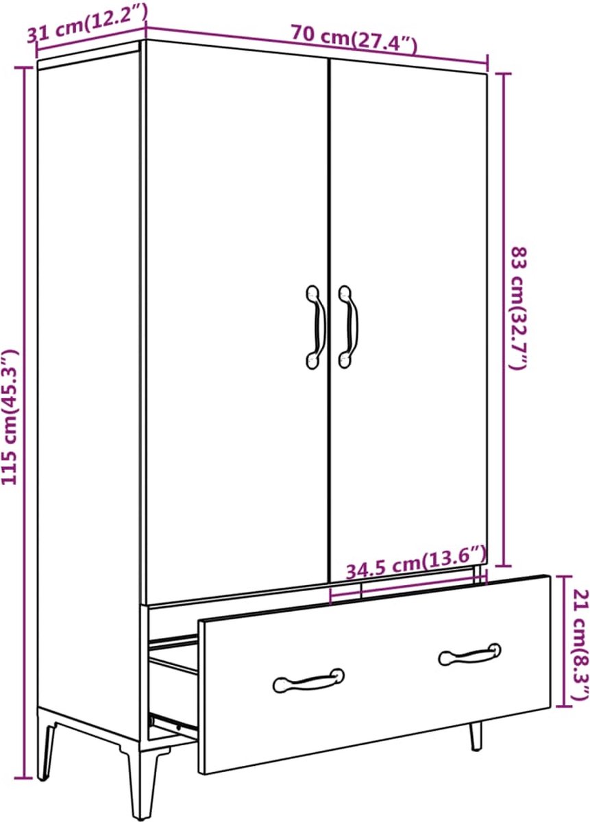 Vidaxl Hoge Kast 70x31x115 Cm Bewerkt Hout Sonoma Eikenkleurig - Bruin