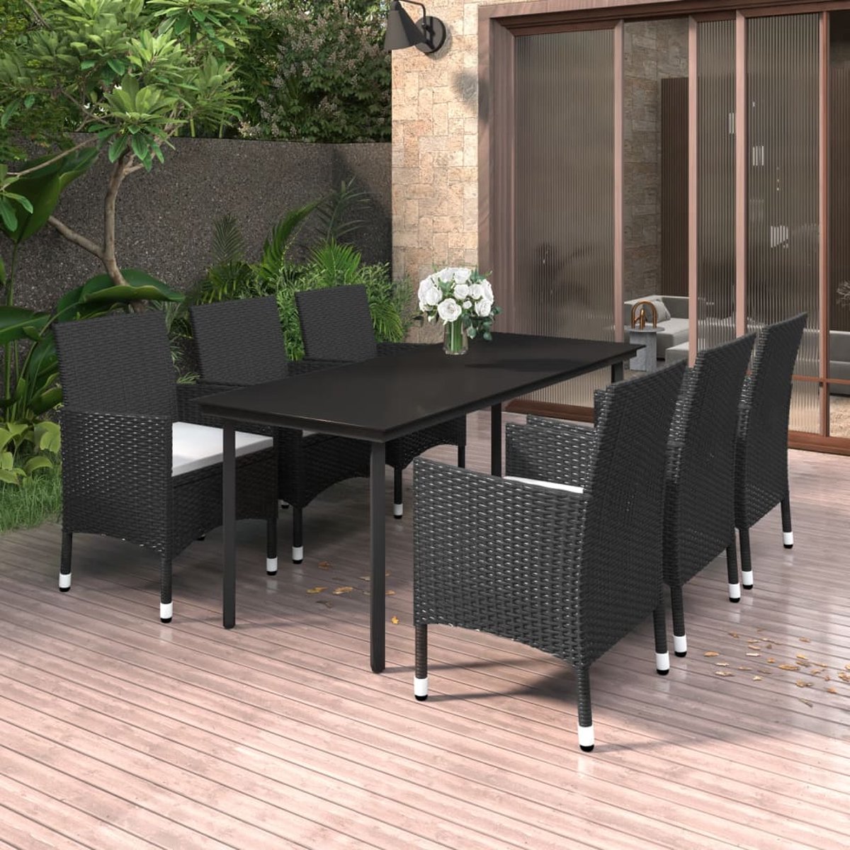 Vidaxl 7-delige Tuinset Met Kussens Poly Rattan En Glas - Negro