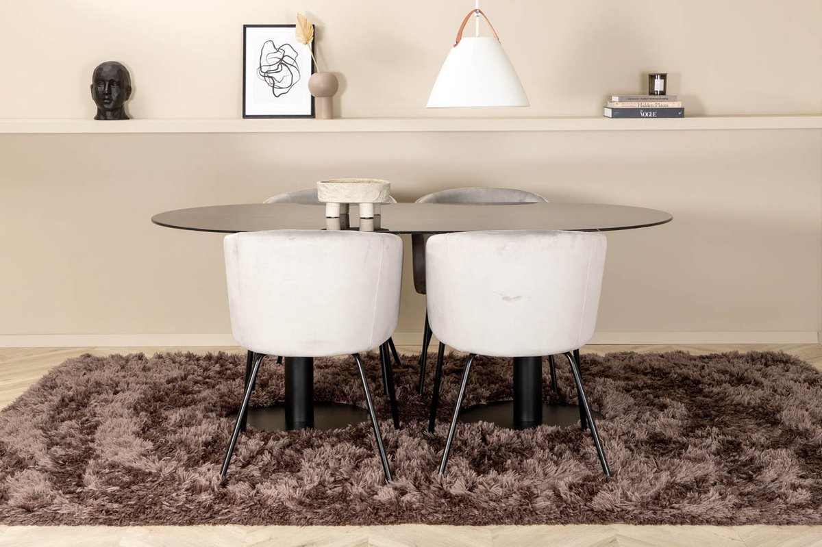 Pillan Eethoek Eetkamertafel Glas Marmer Decor En 4 Berit Eetkamerstal Velours Grijs. - Zwart
