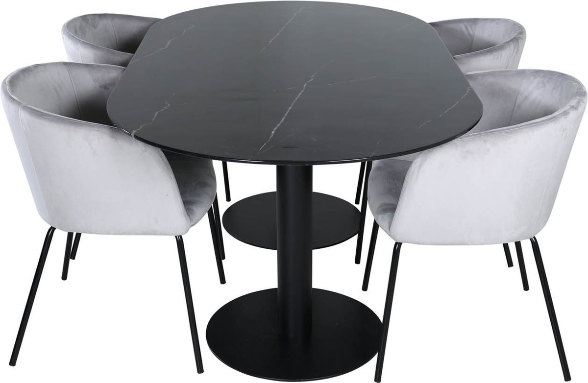 Pillan Eethoek Eetkamertafel Glas Marmer Decor En 4 Berit Eetkamerstal Velours Grijs. - Zwart