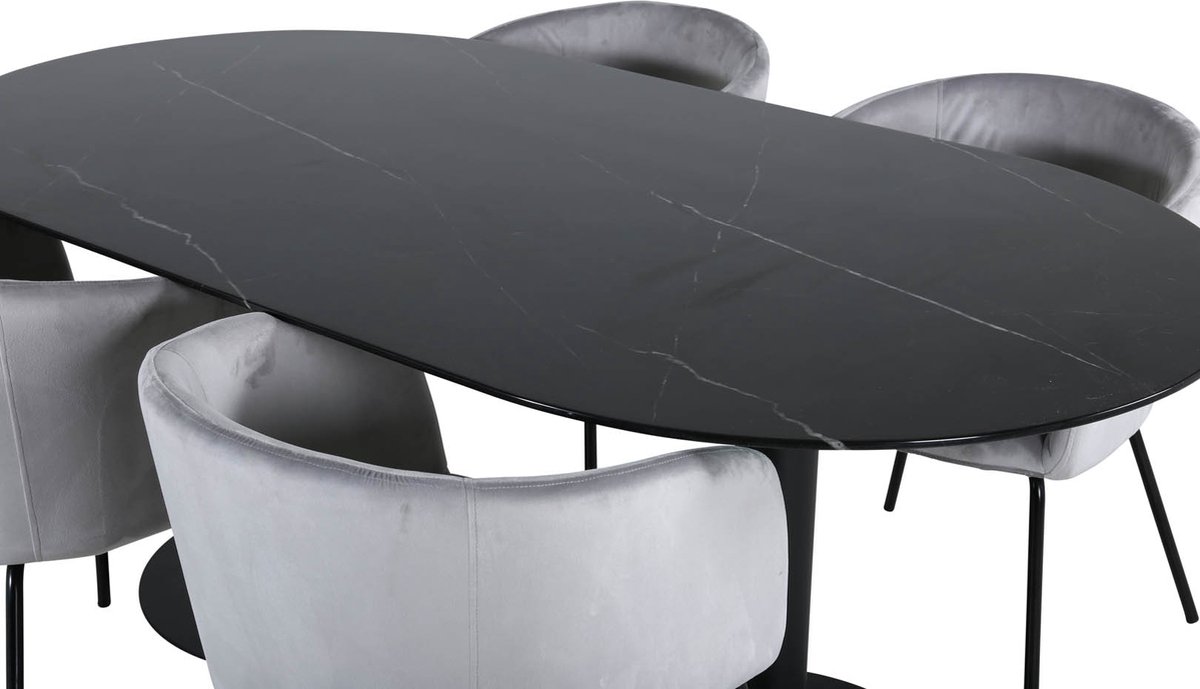 Pillan Eethoek Eetkamertafel Glas Marmer Decor En 4 Berit Eetkamerstal Velours Grijs. - Zwart