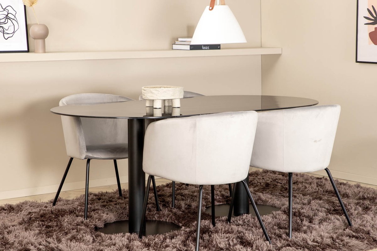 Pillan Eethoek Eetkamertafel Glas Marmer Decor En 4 Berit Eetkamerstal Velours Grijs. - Zwart