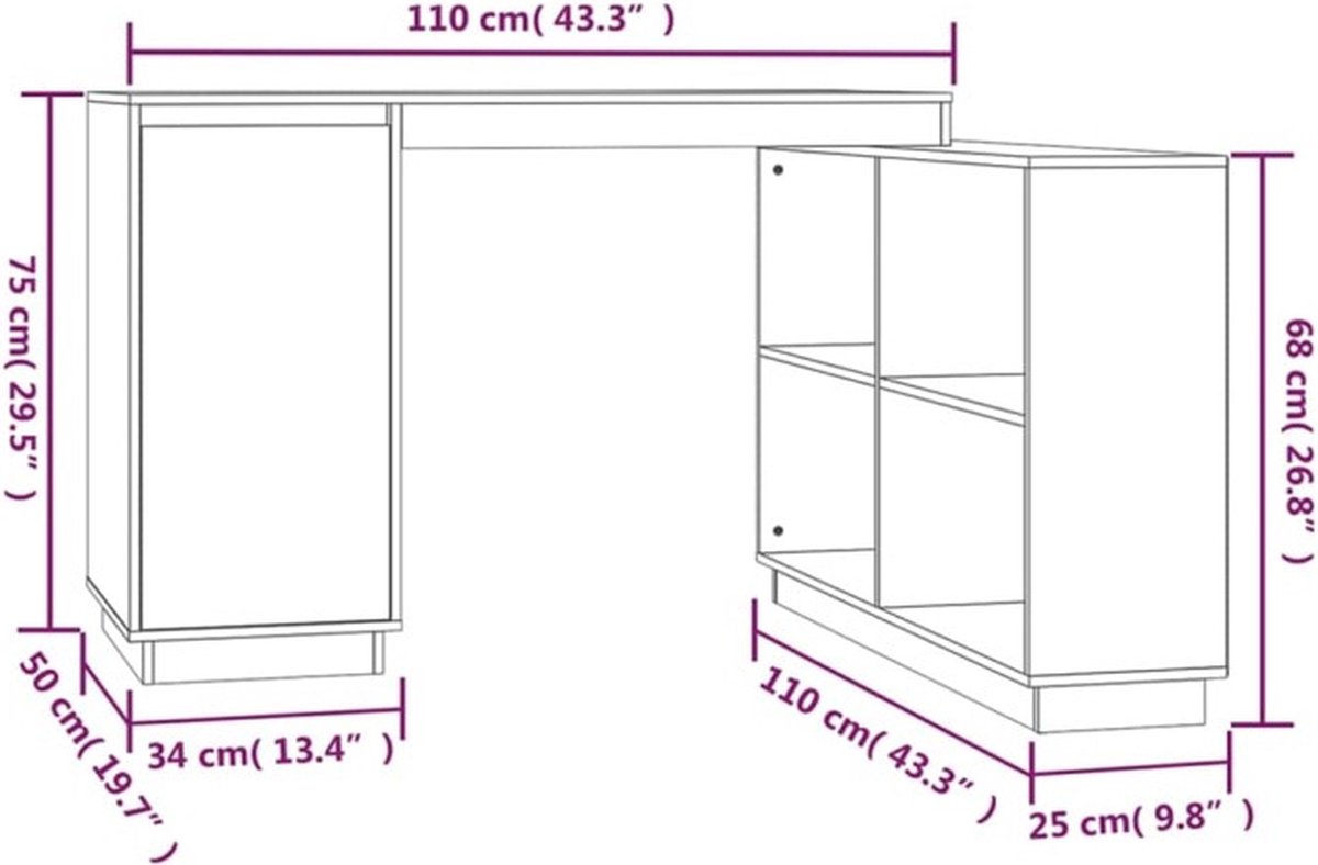 Vidaxl Bureau 110x50x75 Cm Massief Grenenhout - Grijs