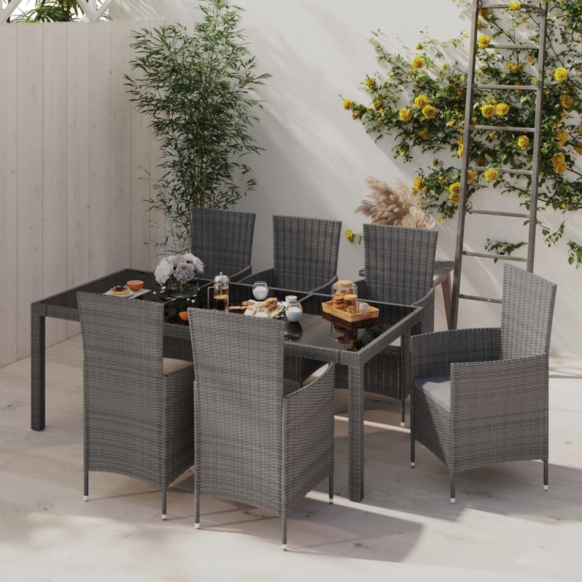 Vidaxl 7-delige Tuinset Met Kussens Poly Rattan - Grijs