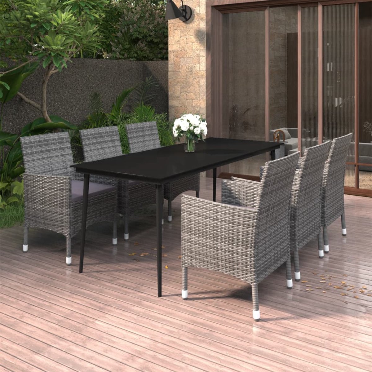 Vidaxl 7-delige Tuinset Met Kussens Poly Rattan En Glas - Grijs