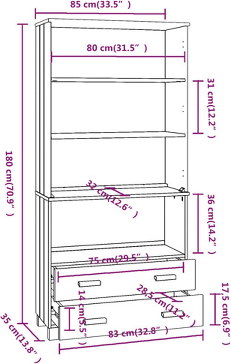 Vidaxl Hoge Kast Massief Grenenhout Donker - Grijs