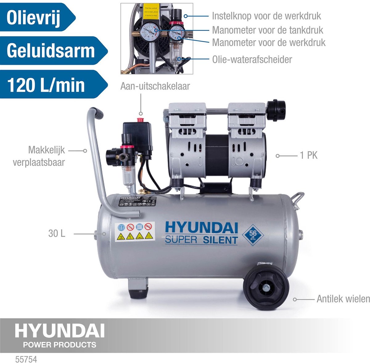 Hyundai Stille Compressor | 30L | 8 bar | 120 L/min - 55754