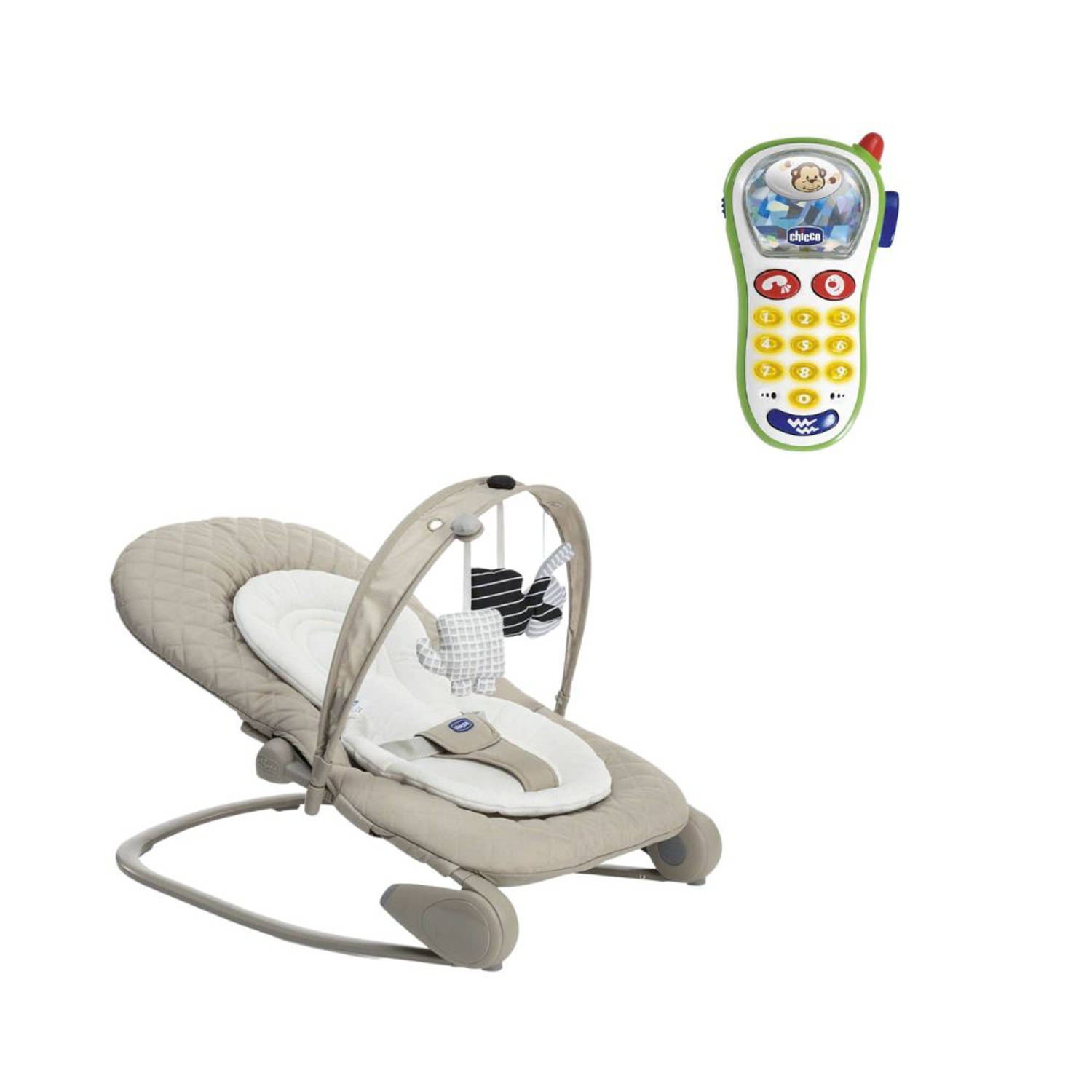 Chicco Bundel - Wipstoel - Relax Hoopla - Champagne & Rammelaar - Baby Fototelefoon - Bruin