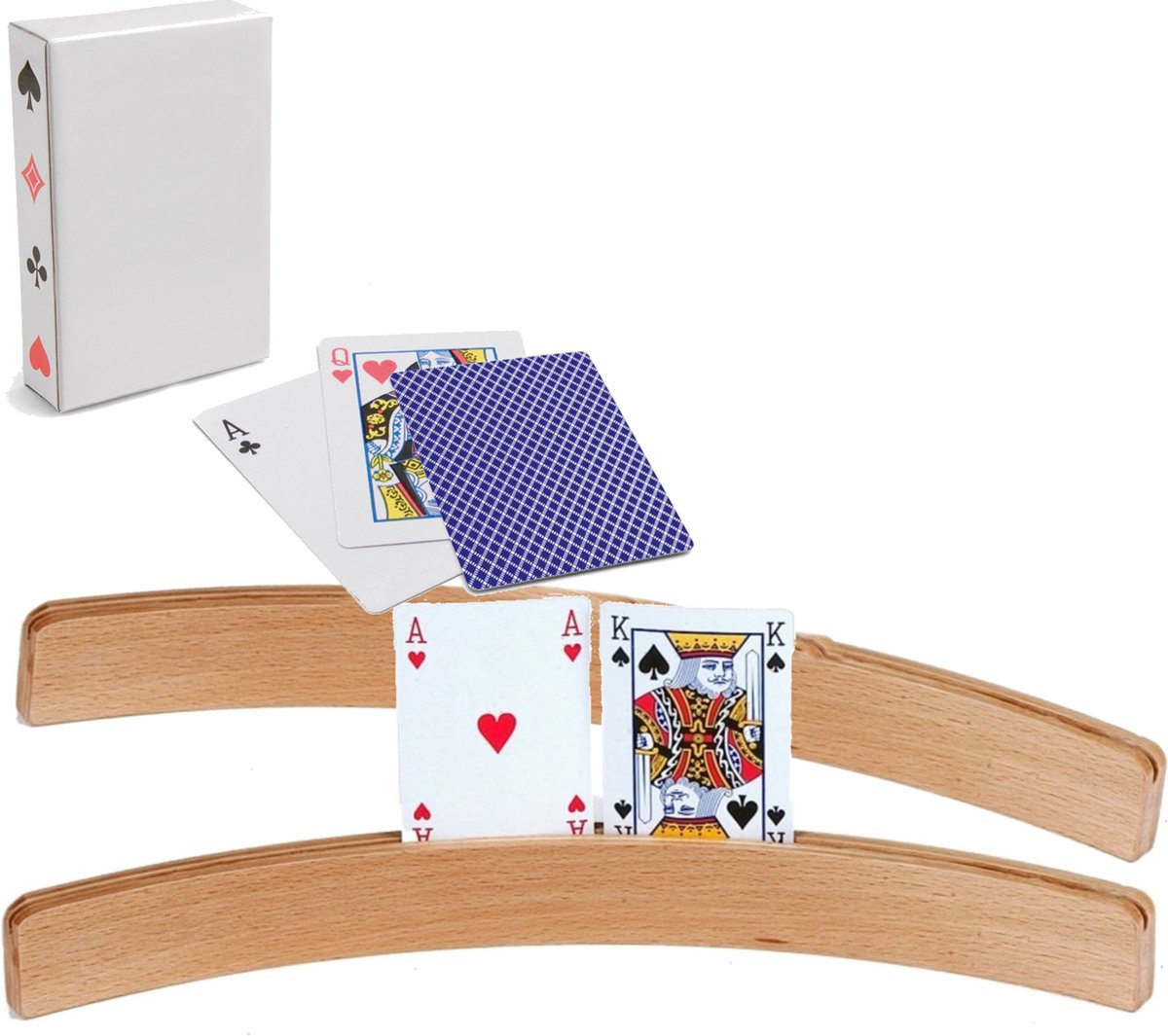 Engelhart 4x Speelkaartenhouders Hout 50 Cm Inclusief 54 Speelkaarten Blauw - Speelkaarthouders - Bruin