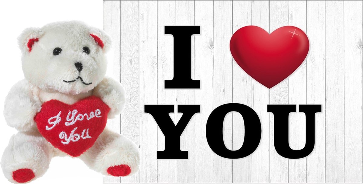 Heunec Pluche Knuffel Valentijn I Love You Beertje 10 Cm Met Hartjes Wenskaart - Knuffelberen - Beige