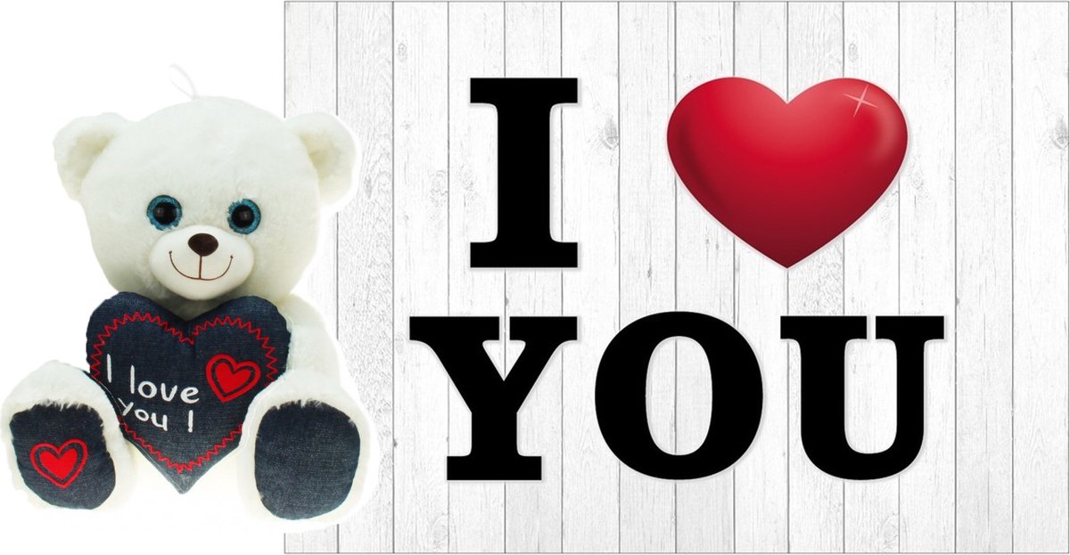 Heunec Pluche Knuffel Valentijn I Love You Beertje 25cm Met Hartjes Wenskaart - Knuffelberen