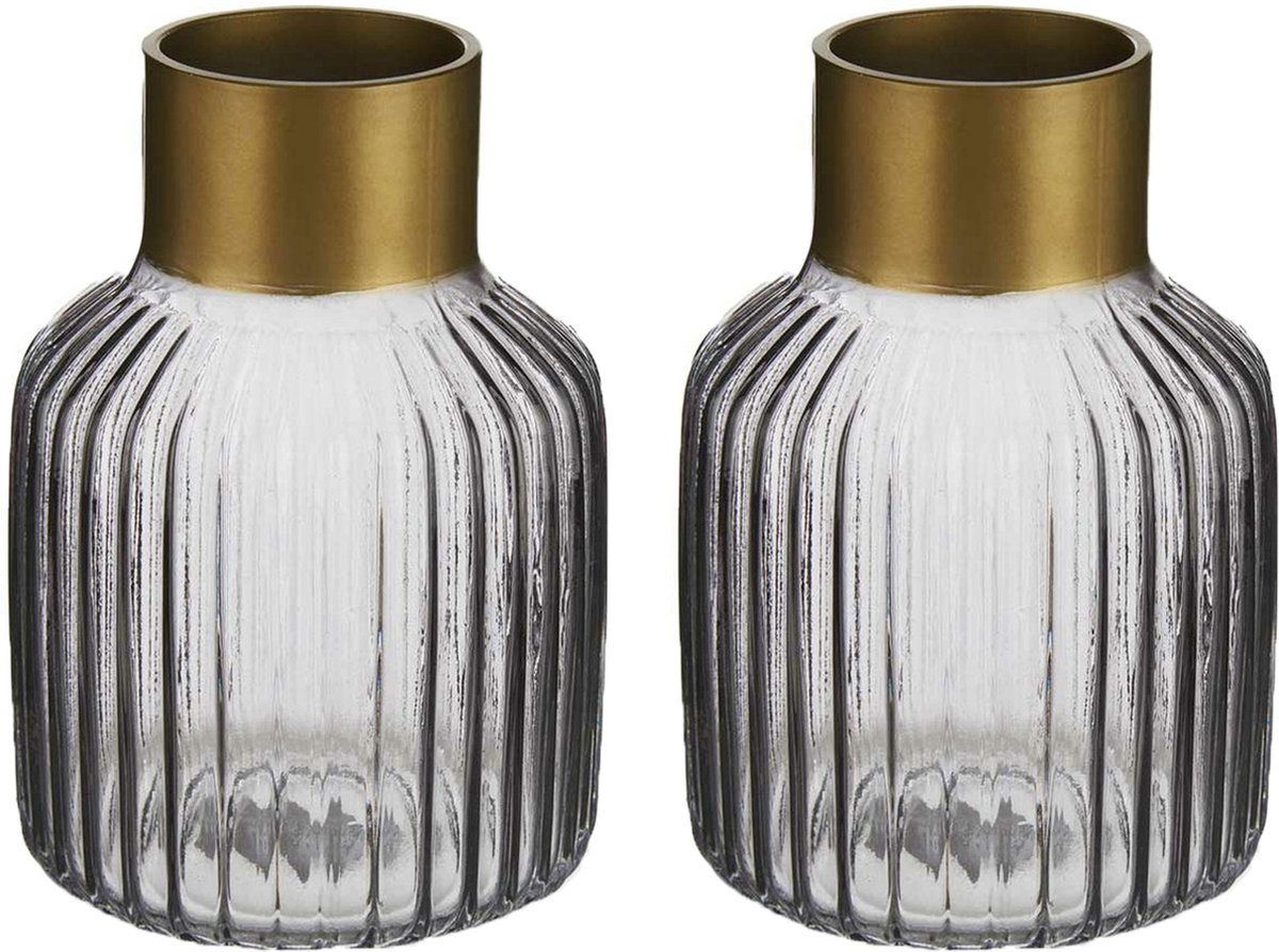 Giftdecor Bloemenvazen 2x Stuks - Luxe Decoratie Glas - Grijs/goud - 12 X 18 Cm - Vazen