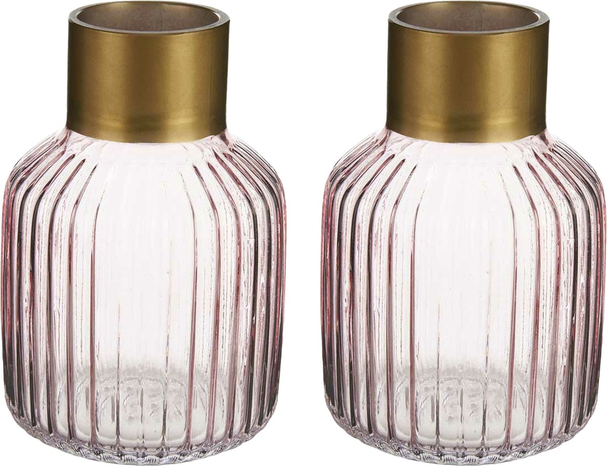 Giftdecor Bloemenvazen 2x Stuks - Luxe Decoratie Glas - Roze/goud - 12 X 18 Cm - Vazen