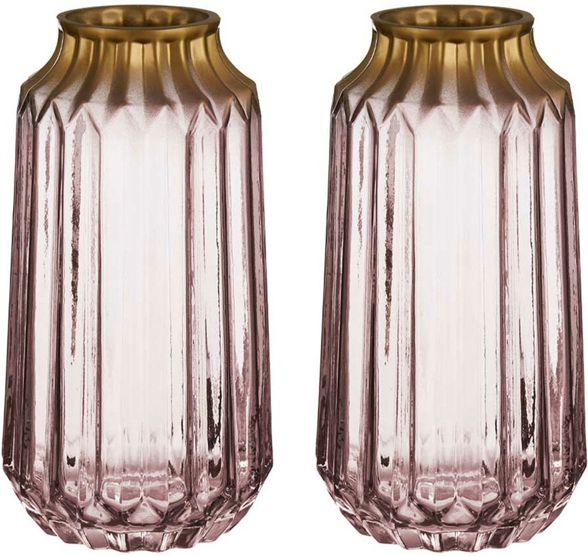 Giftdecor Bloemenvazen 2x Stuks - Luxe Deco Glas - Roze Transparant/goud - 13 X 23 Cm - Vazen