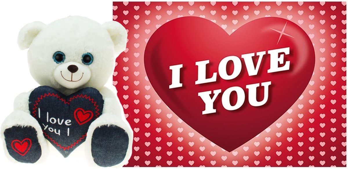 Heunec Pluche Knuffel Valentijn I Love You Beertje 25cm Met Hartjes Wenskaart - Knuffelberen