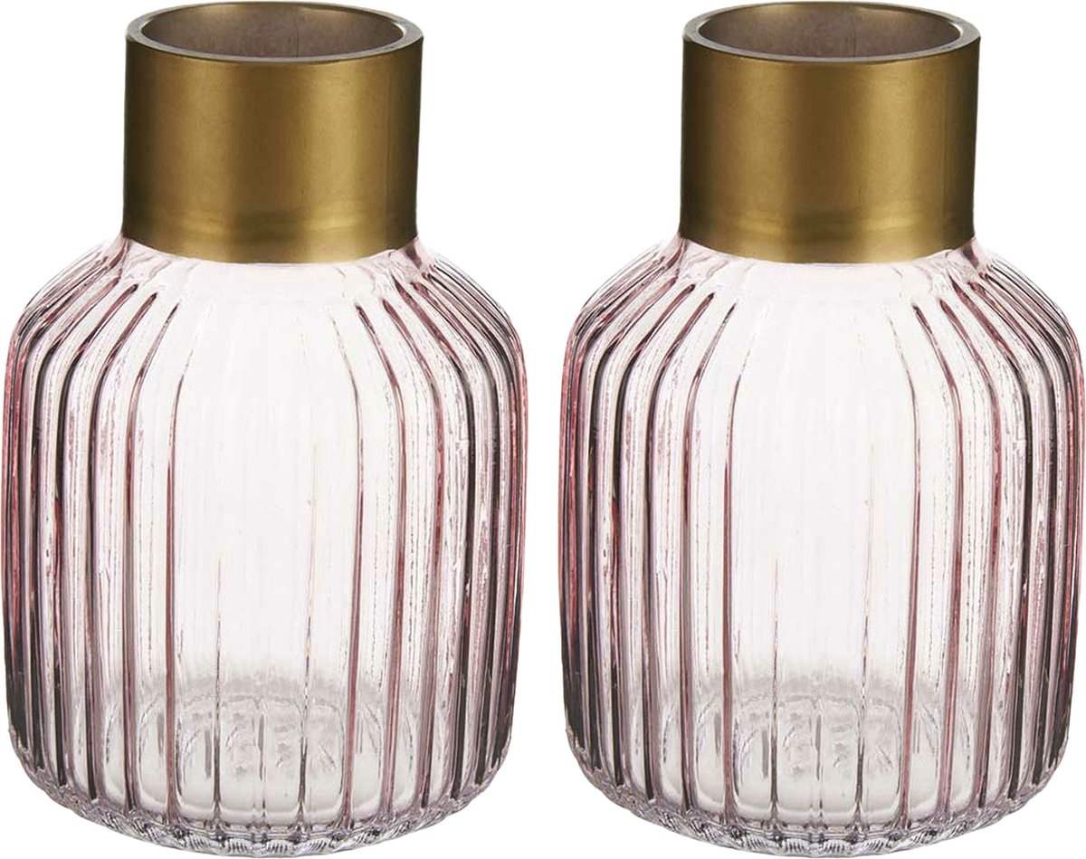 Giftdecor Bloemenvazen 2x Stuks - Luxe Decoratie Glas - Roze/goud - 14 X 22 Cm - Vazen