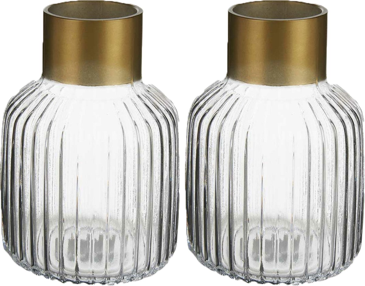 Giftdecor Bloemenvazen 2x Stuks - Luxe Decoratie Glas - Transparant/goud - 14 X 22 Cm - Vazen