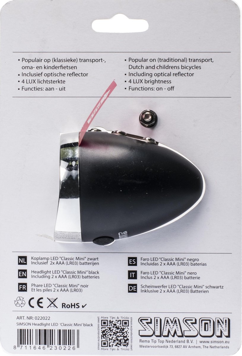 Simson koplamp Classic Mini batterijen voorvork - Zwart