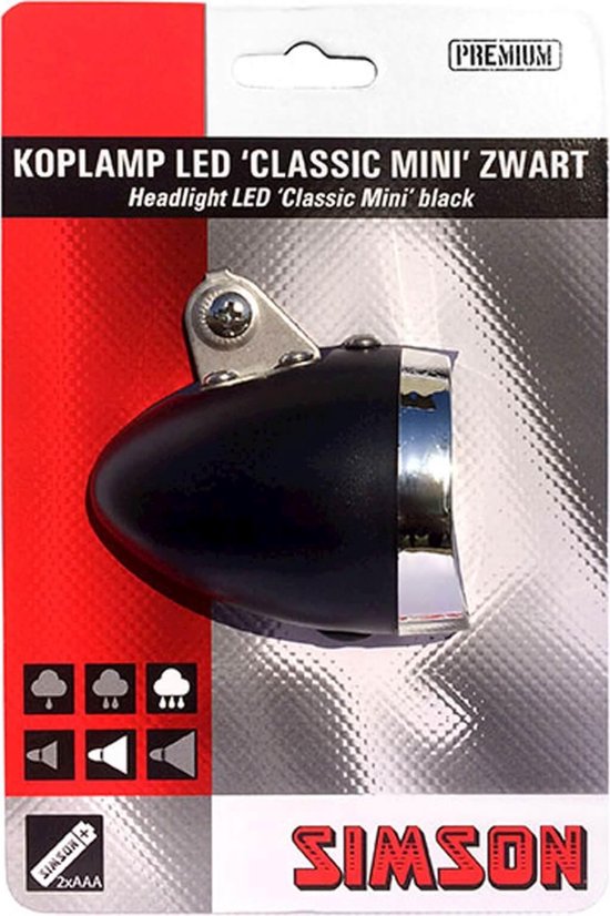 Simson koplamp Classic Mini batterijen voorvork - Zwart