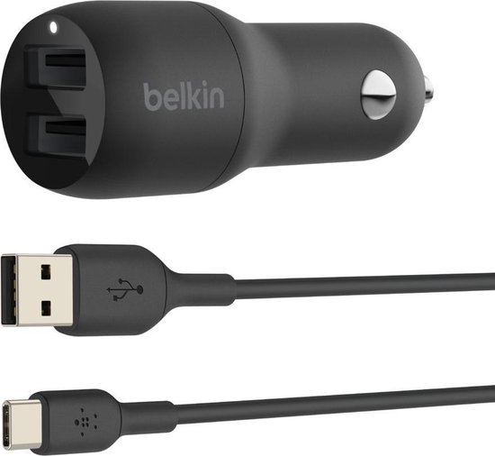Belkin Dual USB-A Car Charger 24 Watt met PVC USB-A-naar-USB-C-kabel 1 Meter - Zwart